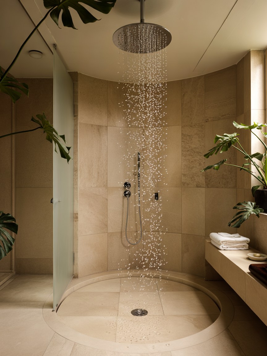 Luxury Spa Bathroom Design Ideas with Rainfall Shower and Natural Plants