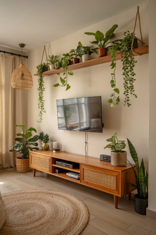 Wooden Floating Shelves for Bathroom Decor and Plant Display Ideas