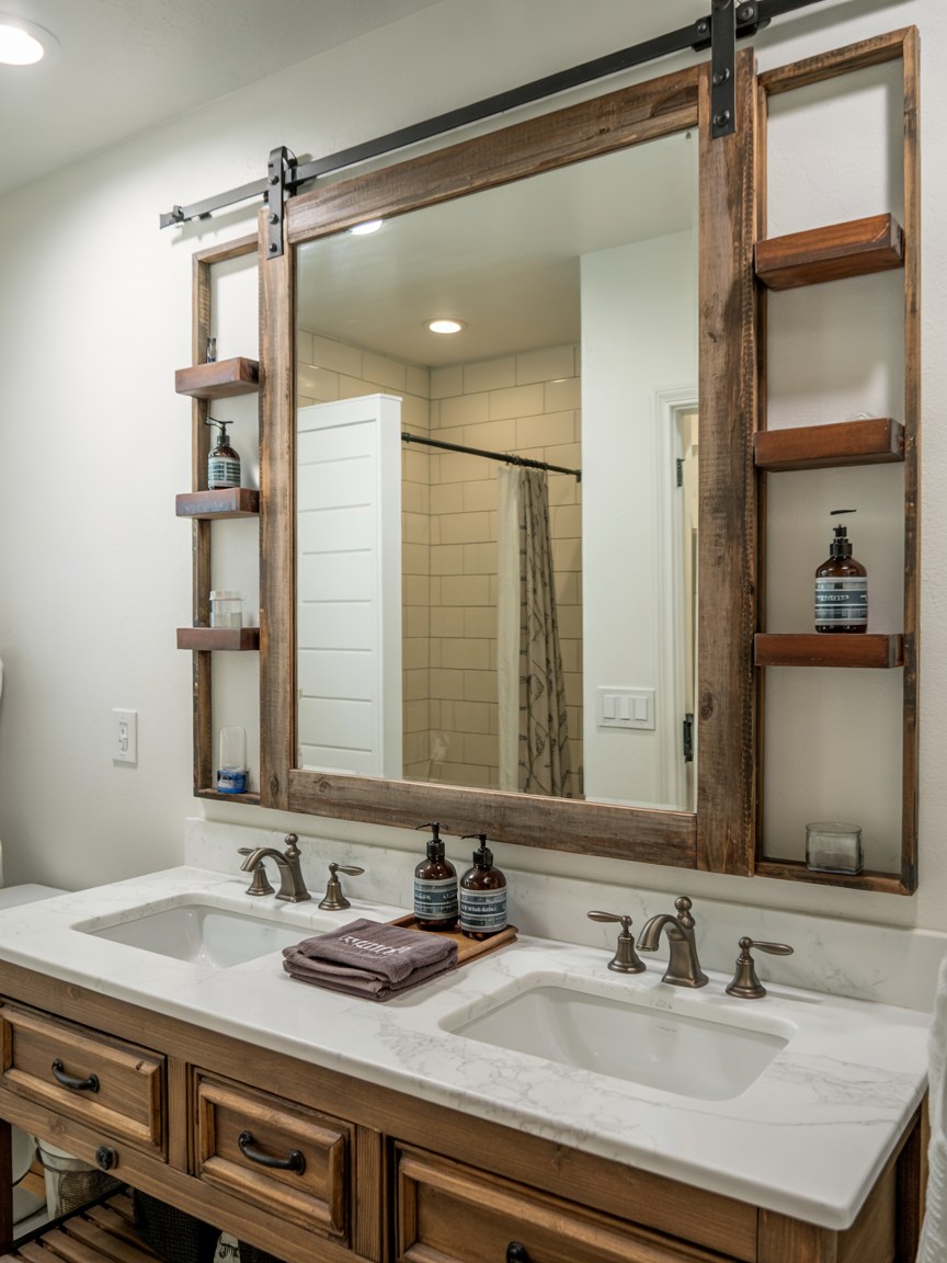 Rustic Barn Door Bathroom Mirror Ideas with Wooden Frame Storage