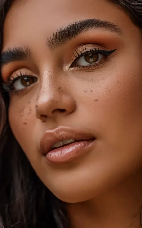 Bronzy glowing makeup tutorial with winged liner for medium skin tones
