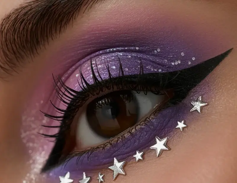 Budget-Friendly Purple & Pink Star Eye Makeup Look with Rhinestones