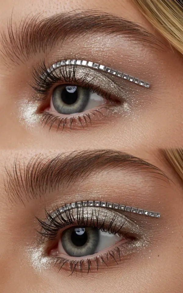 Shimmering Champagne Eyeshadow with Rhinestone Strip for Summer